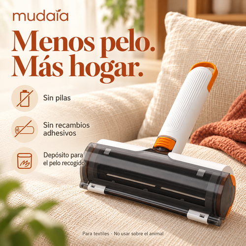 Beneficios del rodillo Mudaia: sin pilas, sin recambios adhesivos y con depósito. Imagen ilustrativa generada.