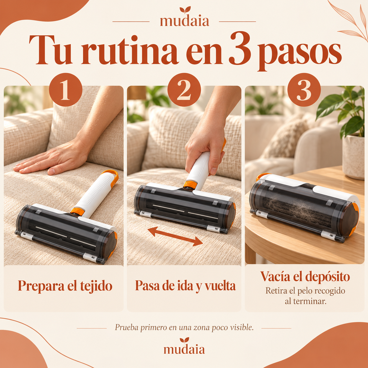 Cómo utilizar Mudaia: prepara el tejido, pasa de ida y vuelta y vacía el depósito. Demostración ilustrativa generada.